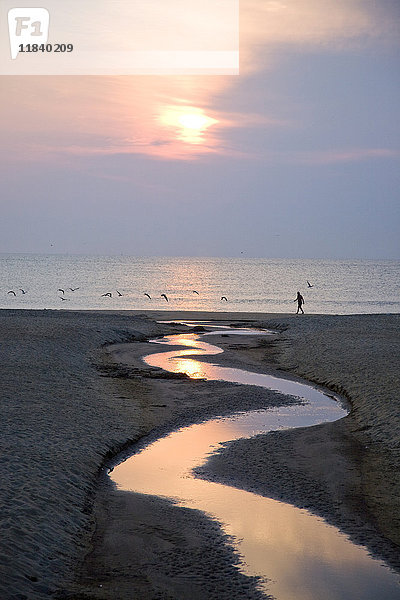 Mann geht am Strand in der Nähe des Wasserkanals bei Sonnenuntergang spazieren