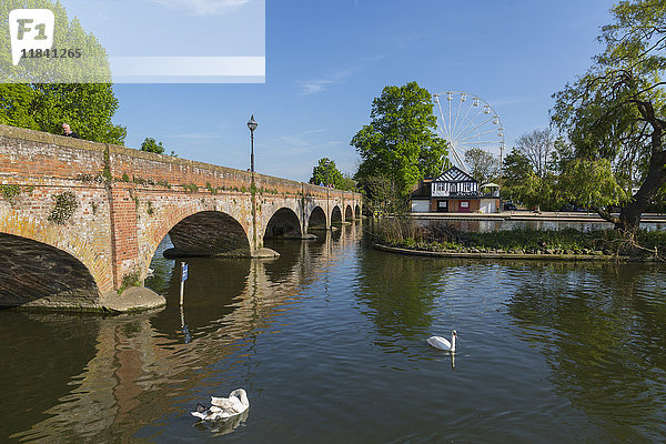 Fußgängerbrücke über den Fluss Avon und Riesenrad  Stratford upon Avon  Warwickshire  England  Vereinigtes Königreich  Europa