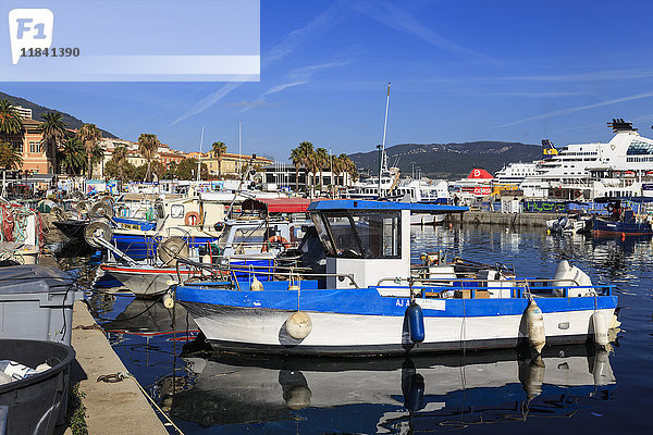 Alter Hafen mit Fischerbooten  Kreuzfahrtschiff und Fähren  Blick auf ferne Berge  Ajaccio  Insel Korsika  Frankreich  Mittelmeer  Europa