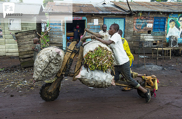 Einheimische transportieren ihre Waren auf selbstgebauten Trägern  Goma  Demokratische Republik Kongo  Afrika
