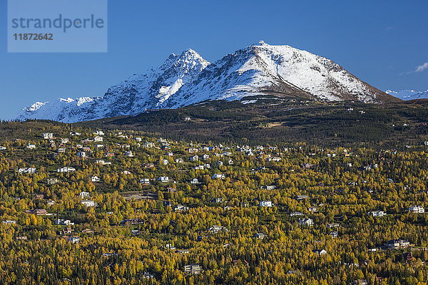 Luftaufnahme des Hillside-Viertels mit den Chugach-Bergen im Hintergrund im Herbst  Anchorage  Southcentral Alaska  USA