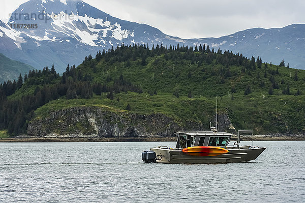 Ein Boot fährt vorbei in der Kukak Bay  Katmai National Park & Preserve  Südwest-Alaska  USA'.