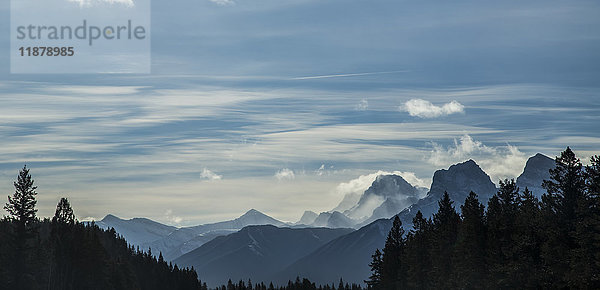 Weitwinkelansicht einer Winterlandschaft mit felsigen Berggipfeln entlang der Autobahn im Banff-Nationalpark  mit nebligen Tageswolken am Horizont und der Silhouette von Bäumen im Vordergrund; Lake Louise  Alberta  Kanada'.
