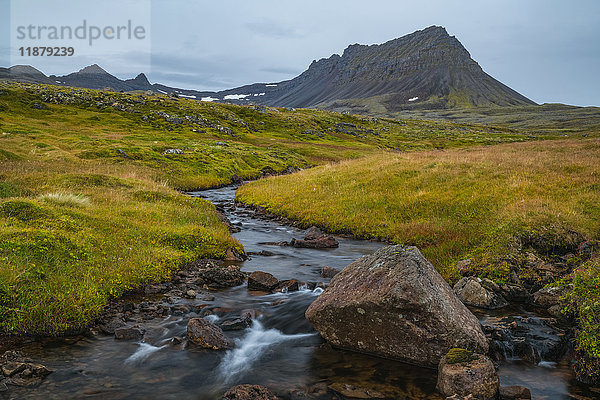 Ein kleiner unbenannter Bach fließt aus den Bergen entlang der Strandir-Küste; Westfjorde  Island'.