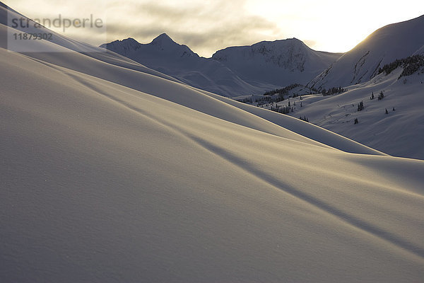 Schneebedeckter Hang in einer Bergkette bei Sonnenuntergang; Alaska  Vereinigte Staaten von Amerika'.