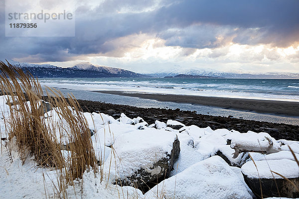 Schnee auf den Felsen und dem Gras entlang der Küste der Kachemak Bay; Alaska  Vereinigte Staaten von Amerika'.