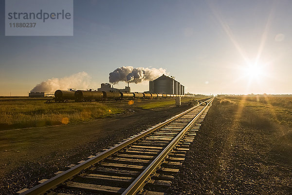 Die Poet Bioraffinerie  ein Ethanolproduzent  und ein Maisfeld mit Eisenbahnschienen im Vordergrund  in der Nähe von Groton; South Dakota  Vereinigte Staaten von Amerika'.