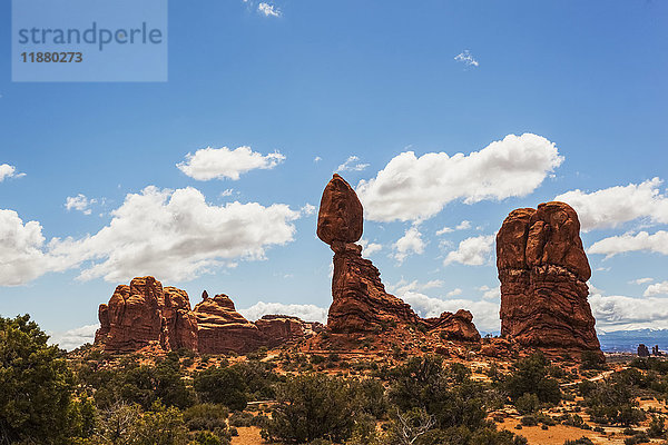 Schroffe Felsformationen und Sträucher in der Wüste  Arches National Park; Arizona  Vereinigte Staaten von Amerika'.