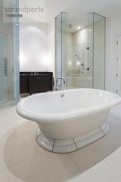Ein modernes Badezimmer mit einer in der Mitte des Raumes schwebenden Wanne und Duschtüren aus Glas; Ontario  Kanada'.