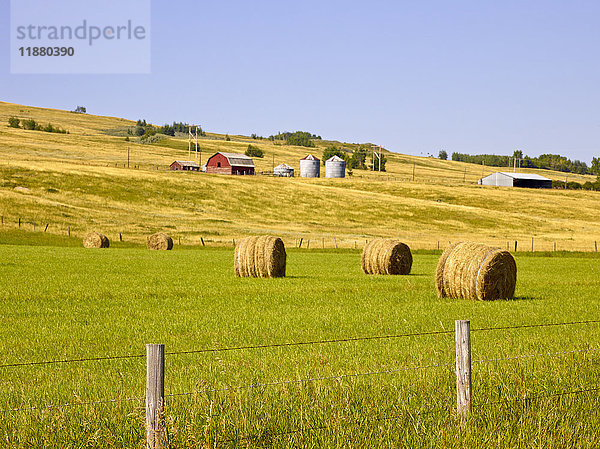 Farmland mit landwirtschaftlichen Gebäuden und Heuballen auf sanften Hügeln; Cochrane  Alberta  Kanada'.