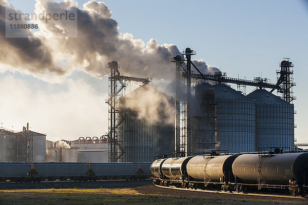 Getreide- und Tankwagen der Eisenbahn werden Mais und Ethanolkraftstoff von der Ethanolanlage von Glacial Lakes Energy in der Nähe von Mina  South Dakota  Vereinigte Staaten von Amerika  zum Markt transportieren.