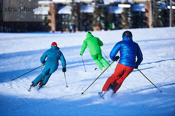 Rückansicht von männlichen und weiblichen Skifahrern  die eine schneebedeckte Skipiste hinunterfahren  Aspen  Colorado  USA