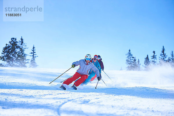 Reihe von männlichen und weiblichen Skifahrern auf schneebedeckten Skipisten  Aspen  Colorado  USA