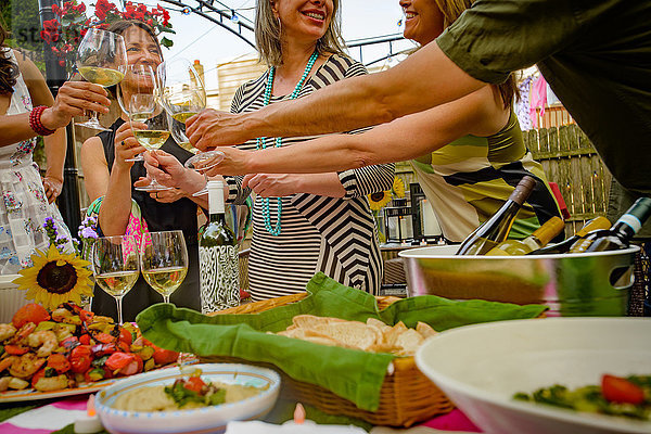Personengruppe beim Gartenfest  Weingläser halten  Toast ausbringen  Mittelteil
