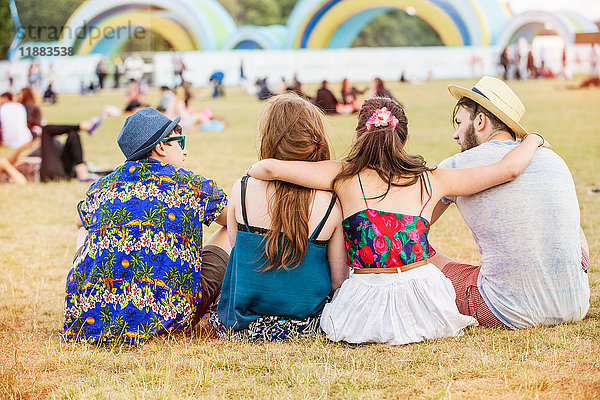 Rückansicht der Freunde  die beim Festival auf dem Rasen sitzen