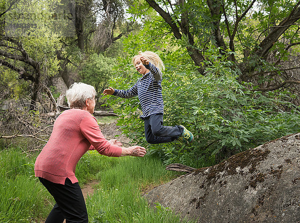 Enkel springt vom Felsen in Großmutters Arme  Sequoia-Nationalpark  Kalifornien  USA