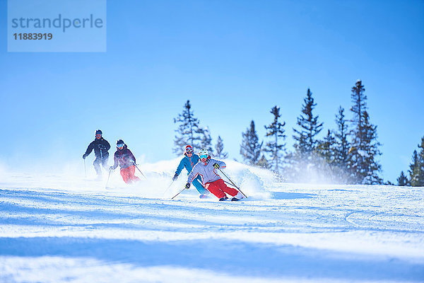 Männliche und weibliche Skifahrer auf schneebedeckten Skipisten  Aspen  Colorado  USA