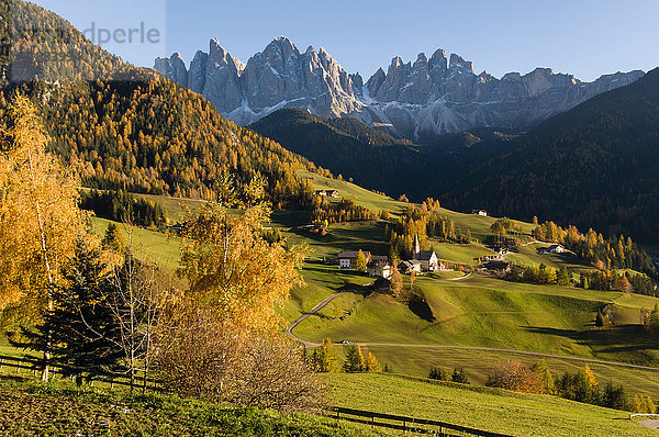Panoramablick auf das Odle-Gebirge  Santa Maddalena  Funes-Tal  Dolomiten  Südtirol  Italien  Europa