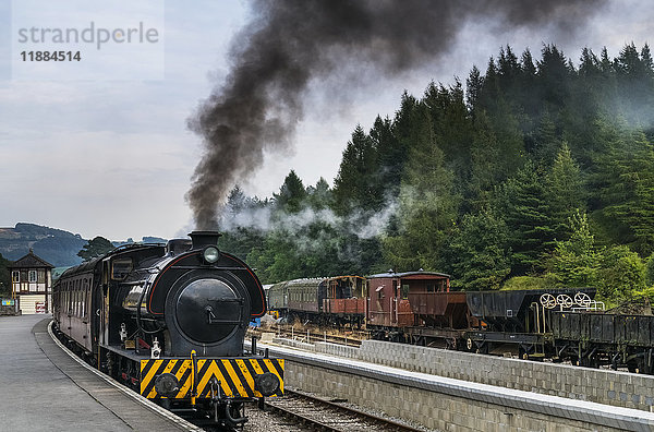 Ein Zug steht in einem Bahnhof mit schwarzem Rauch  der aus der Lokomotive aufsteigt; North Yorkshire  England'.