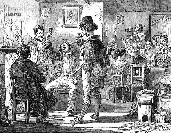 Radierung der Illustrated London News von 1853: Trinken und Ertränken des Kleeblatts am St. Patrick's Day