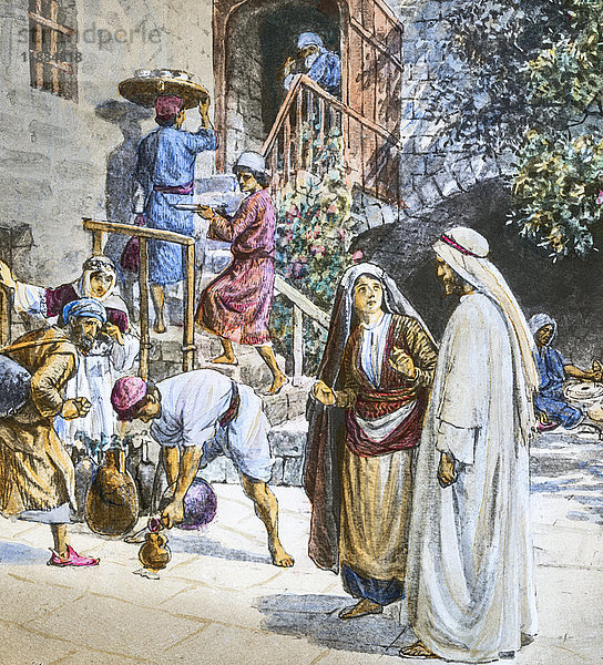 Ein handkoloriertes Laterna Magica-Dia um 1900. Serie Das Leben des Jesus von Nazareth. Das Hochzeitsfest