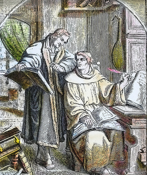 Ein handkoloriertes Diapositiv einer Laterna Magica um 1900. Luther setzt die Transkription der lateinischen Bibel fort