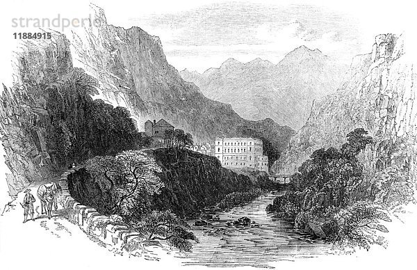 Die Radierung der Illustrated London News aus dem Jahr 1854: Eaux-Chaudes ist ein Kurort im Tal der Gave d'Ossa.
