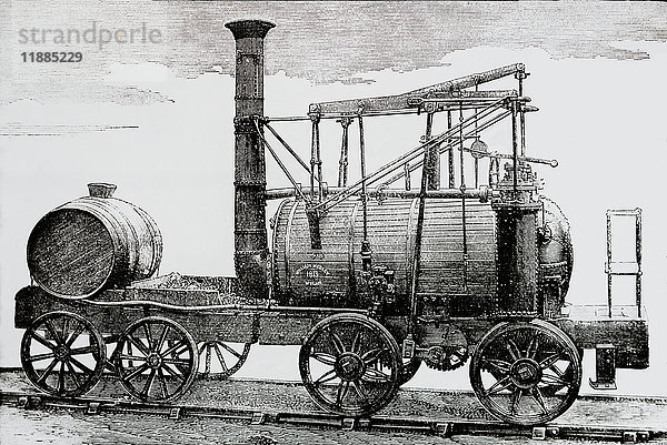 Zeichnung von William Medleys Lokomotive Puffing Billy 1813.Laterna Magica