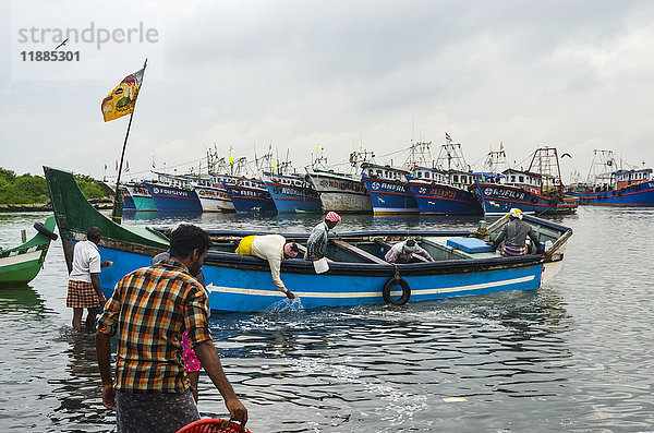 Fischer und bunte Fischerboote; Kadappuram  Kerala  Indien'.