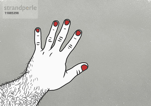 Abgeschnittenes Bild des Mannes mit rotem Nagellack auf dem Finger vor grauem Hintergrund