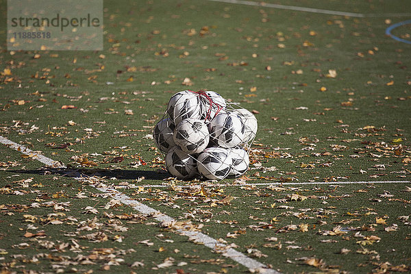 Fußbälle im Netz inmitten von heruntergefallenen trockenen Blättern auf dem Spielfeld