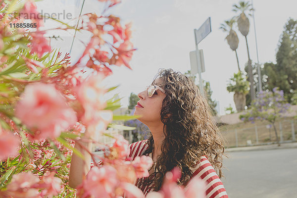 Mittlere erwachsene Frau steht an einem sonnigen Tag bei rosa Blumen  Los Angeles  Kalifornien  USA