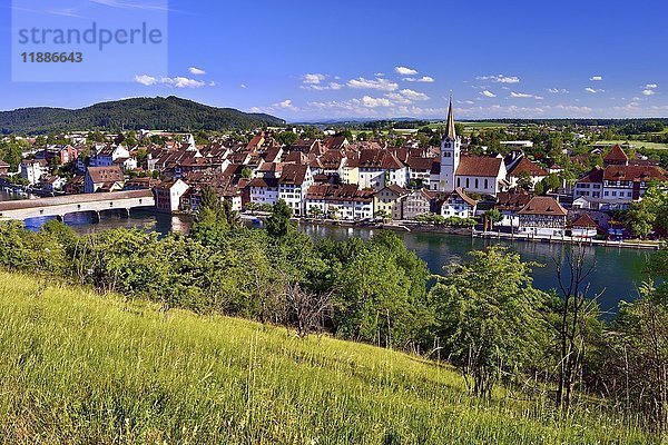 Diessenhofen mit dem Rhein  Kanton Thurgau  Schweiz  Europa