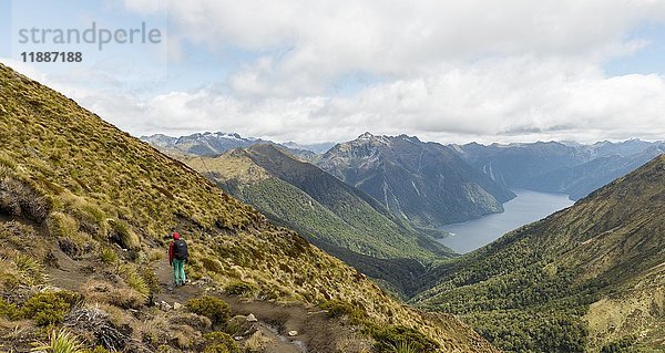 Wanderer  Südfjord des Lake Te Anau  Murchison Mountains  Südalpen im Hintergrund  Kepler Track  Fiordland National Park  Southland  Neuseeland  Ozeanien