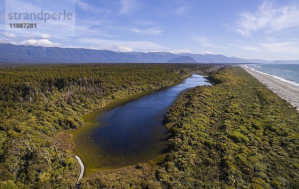 Luftaufnahme  Strand- und Küstenansicht  gemäßigter Regenwald und See  Südliche Alpen  Ship Creek  Haast  Westküste  Neuseeland  Ozeanien