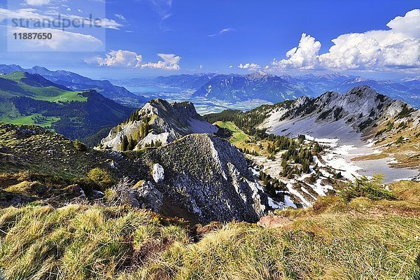 Blick vom Pointe de Bellevue über das Rhonetal und den Genfersee  Monthey  Kanton Wallis  Schweiz  Europa