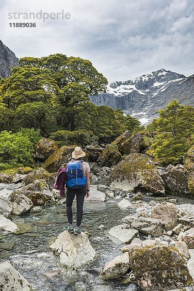 Wanderin auf einem Felsen im Fluss  Fiordland National Park  Southland  Neuseeland  Ozeanien