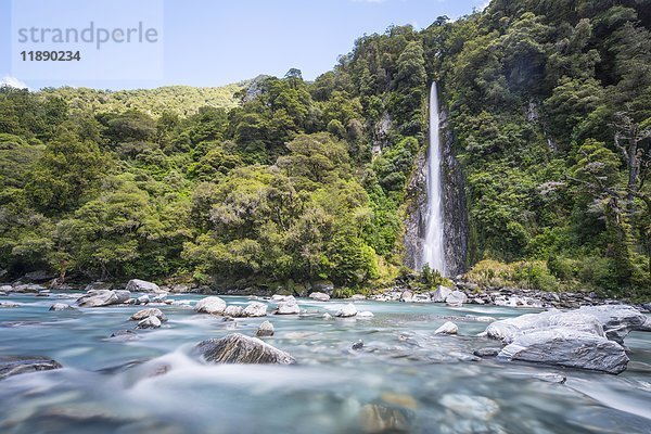 Thunder Creek Wasserfall  Makarora Fluss  Wanaka  Westküste  Südinsel  Neuseeland  Ozeanien