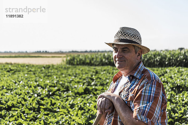 Porträt eines lächelnden älteren Bauern  der vor einem Feld steht