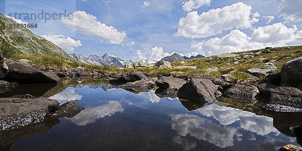 Blick von einem kleinen Bergsee auf den Hauptkamm des Zillertaler Hauptkamms  Naturpark Hochgebirge in den Zillertaler Alpen  Österreich  Europa