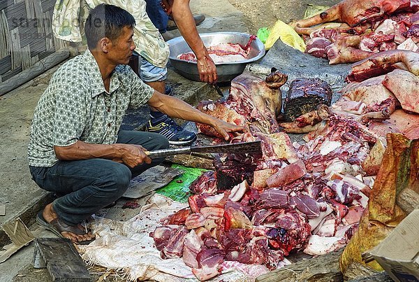 Indischer Mann beim Schneiden von Fleisch auf dem Hornvogelfest  Kohima  Nagaland  Indien  Asien