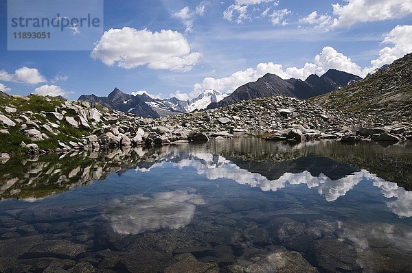 Blick von einem kleinen Bergsee auf dem Zillertaler Hauptkamm im Gebirgs-Naturpark Zillertaler Alpen  Tirol  Österreich  Europa