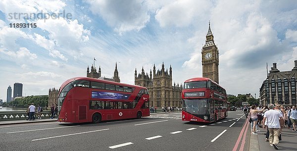 Zwei Doppeldeckerbusse auf der Westminster Bridge  Palace of Westminster  Houses of Parliament mit Big Ben  City of Westminster London  England  Vereinigtes Königreich  Europa