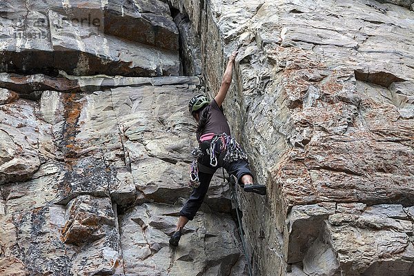 Bergsteigerin  Kletterer in einer Steilwand  Banff National Park  Rocky Mountains  Alberta  Kanada  Nordamerika
