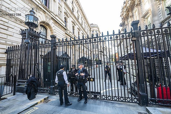 Barrikade und Polizei am Eingang zur Downing Street  Regierungsviertel  London  England  Vereinigtes Königreich  Europa