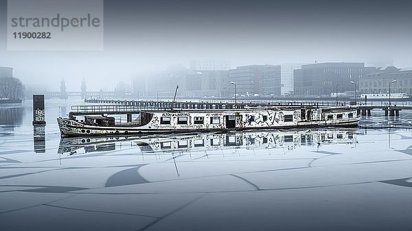 Passagierkabinenschiff MS Dr. Ingrid Wengler  Old Lady  gesunken in der zugefrorenen Spree  Berlin Osthafen  Berlin  Deutschland  Europa