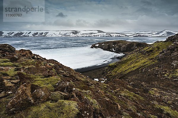 Kleifarvatn-See  vereiste Bucht  moosbewachsene Felsen  Sudurnes  Höfudborgarsvaedid  Insel