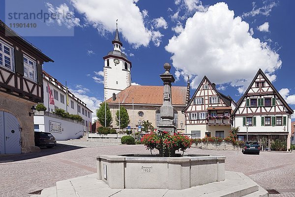 Marktbrunnen auf dem Marktplatz  Stadtkirche St. Veit  Waldenbuch  Baden-Württemberg  Deutschland  Europa