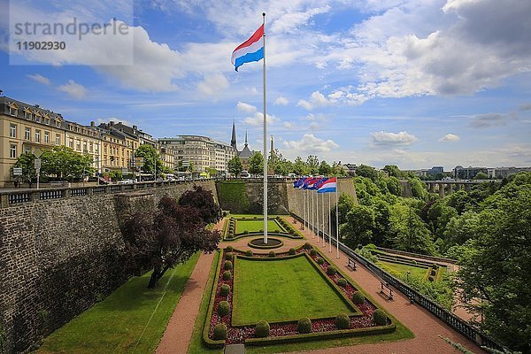 Luxemburgische Nationalflagge im Park am Place de la Constitution  Luxemburg-Stadt  Großherzogtum Luxemburg