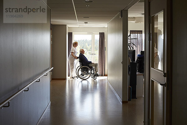 Durchgehende Seitenansicht der Krankenschwester  die den älteren Mann im Rollstuhl auf dem Flur des Krankenhauses schiebt.